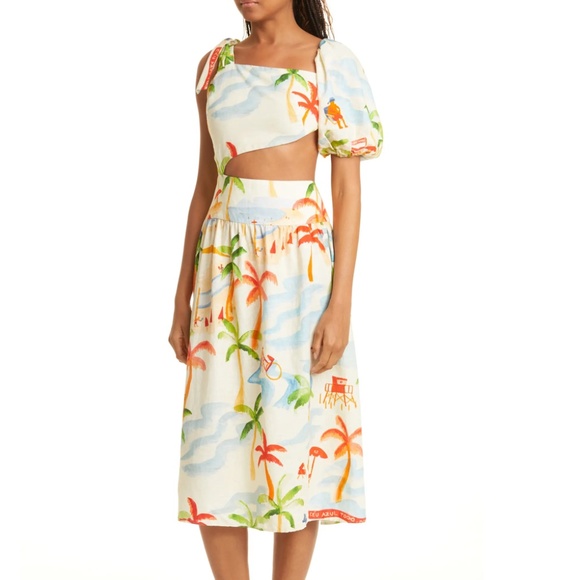 NWT $230 FARM Rio Copacabana Asymmetric Sleeve Side Cutout Linen Blend Dress- XL - Picture 3 of 8